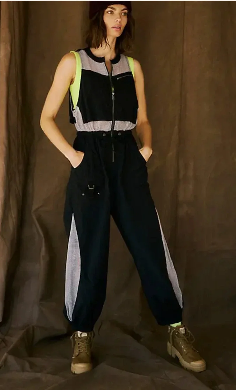 FREE PEOPLE FP MOVEMENT BLACK GRAY INHALE MESH NYLON ONE PIECE JUMPSUIT SZ XS